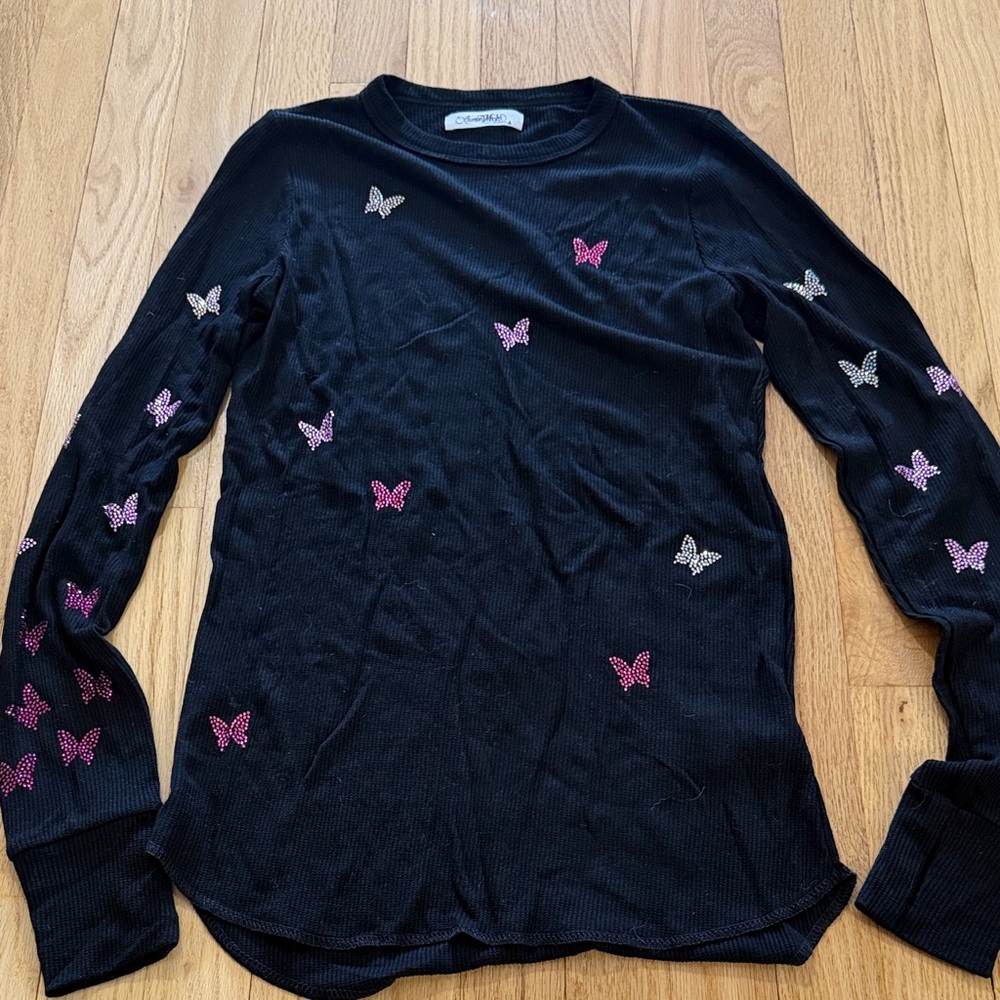Lauren Moshi McKinley Crystal Butterflies Long Sleeve Top Sz S